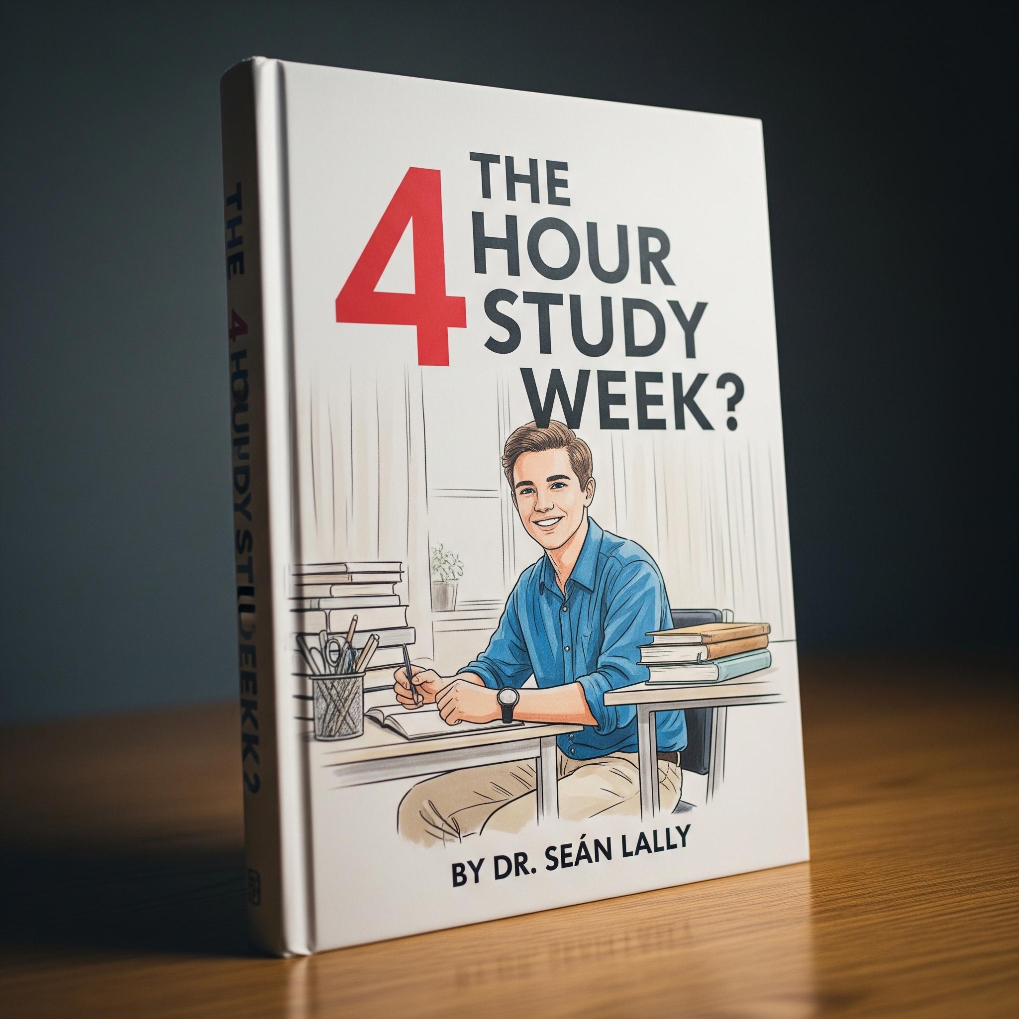 Fictitious book cover of a Teenage student smiling while studying efficiently sitting at a desk surrounded by books with a pen and paper in hand.